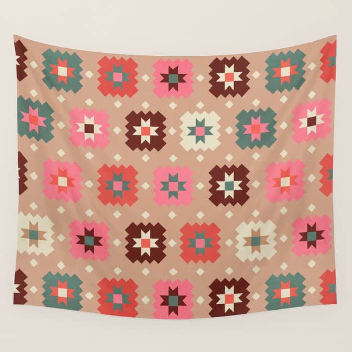 Festive Winter Quilt Tiles With Stars Wall Tapestry