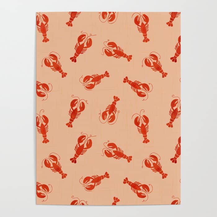 Classic Red Lobsters Pattern On Peach Poster