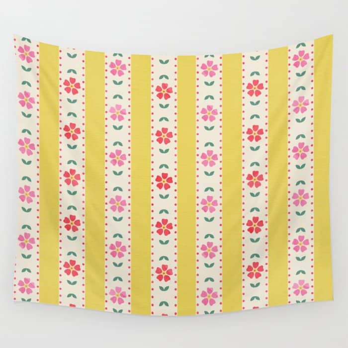 Granny Style Vintage Florals On Yellow Stripes Wall Tapestry