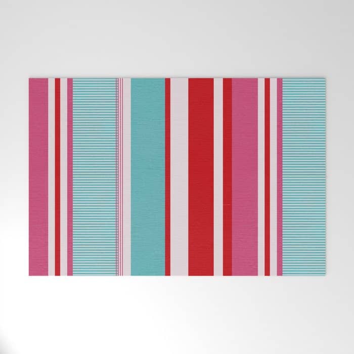 Bold Color Play Pink And Turquoise Stripes Welcome Mat