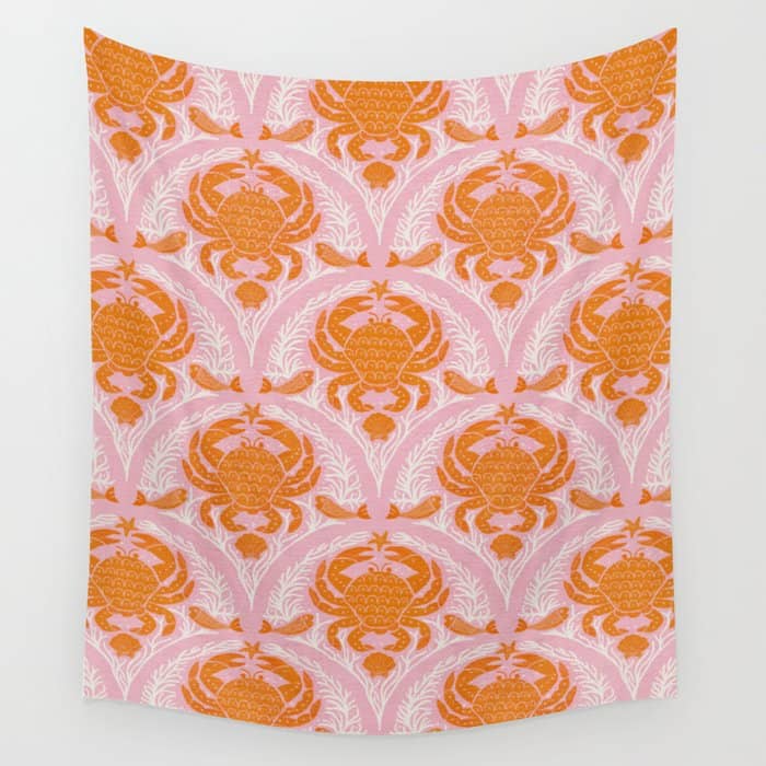 Orange Crab On Pink Pattern Wall Tapestry