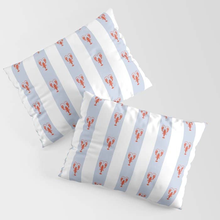 Red Lobsters On Hand-Painted Blue Stripes Pillow Sham