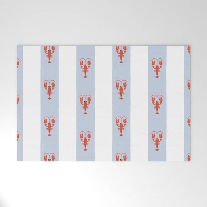 Red Lobsters On Hand-Painted Blue Stripes Welcome Mat