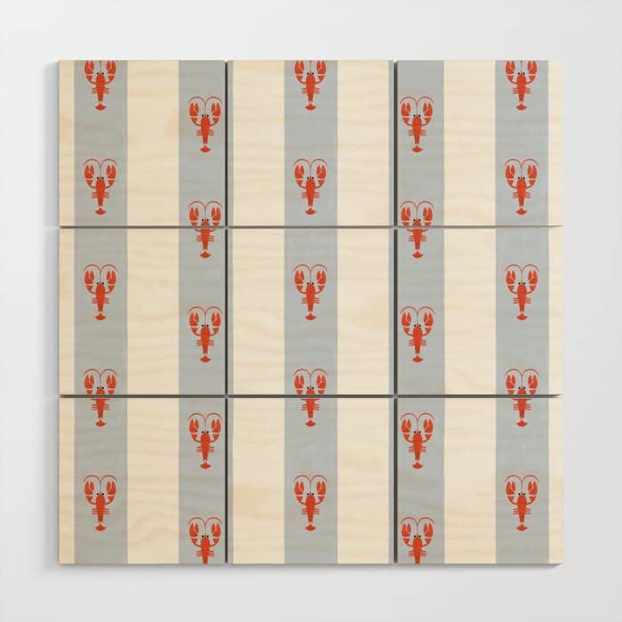 Red Lobsters On Hand-Painted Blue Stripes Wood Wall Art