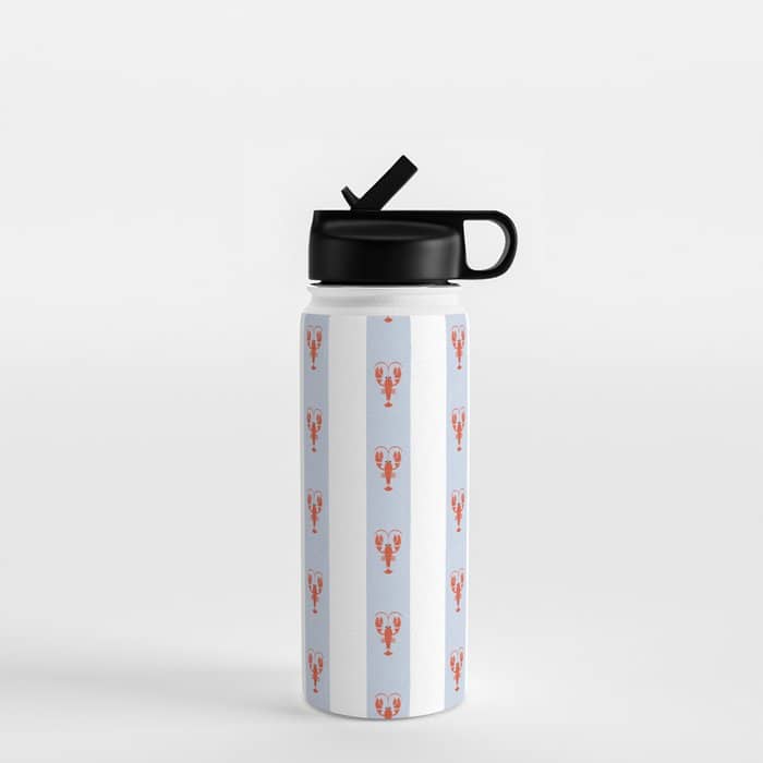 Red Lobsters On Hand-Painted Blue Stripes Water Bottle