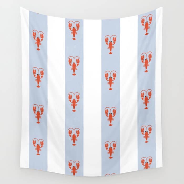 Red Lobsters On Hand-Painted Blue Stripes Wall Tapestry