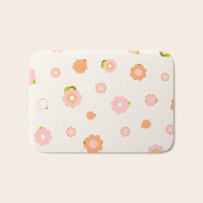 Peach Pink And Orange Flowers Pattern Bath Mat