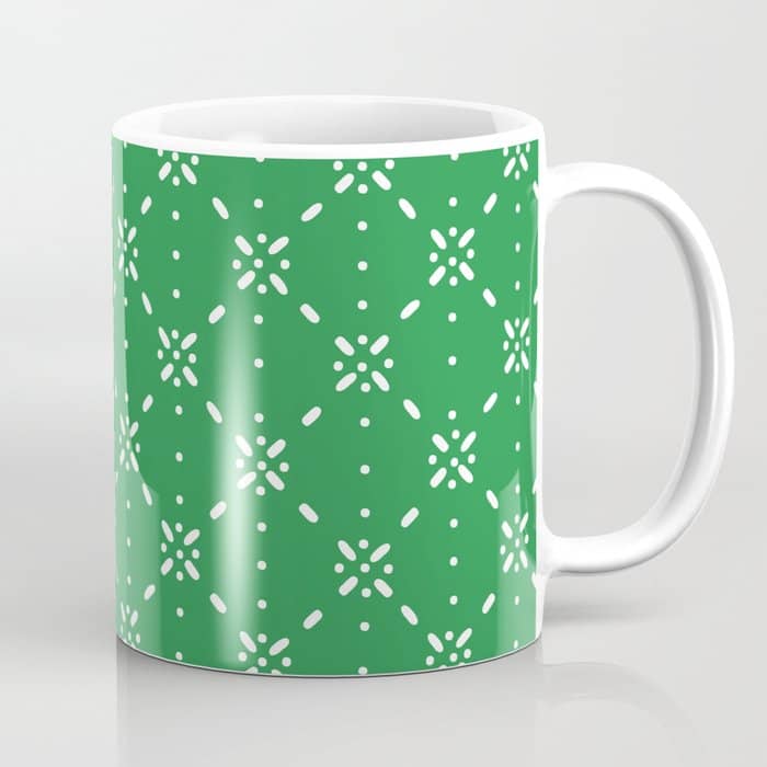 Christmas Snowflake Vector With Simple Modern White Stitches On Green Background Pattern Coffee Mug