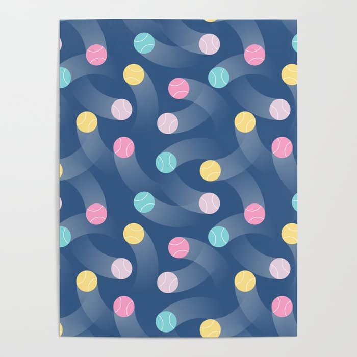 Colorful Pastel Tennis Balls Over Blue Background Pattern Poster