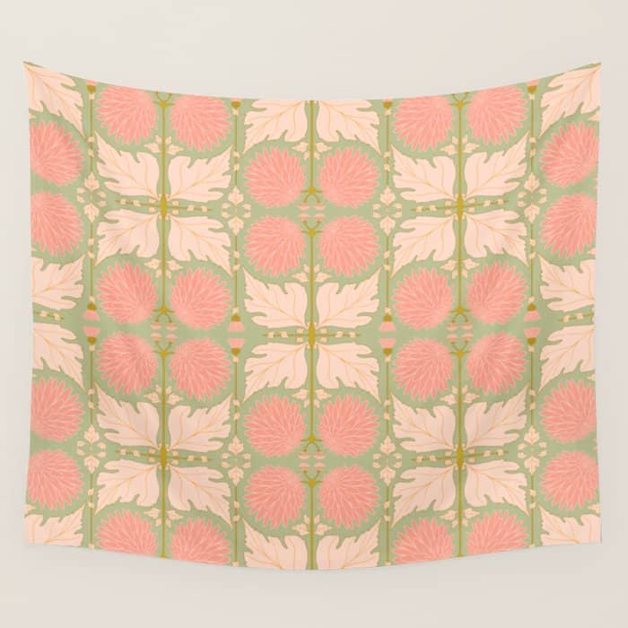 Art Nouveau Bohemian Peach Floral Botanical Wall Tapestry
