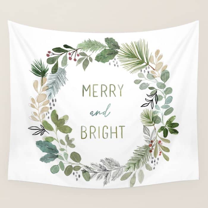 Merry & Bright Watercolor Wreath Wall Tapestry