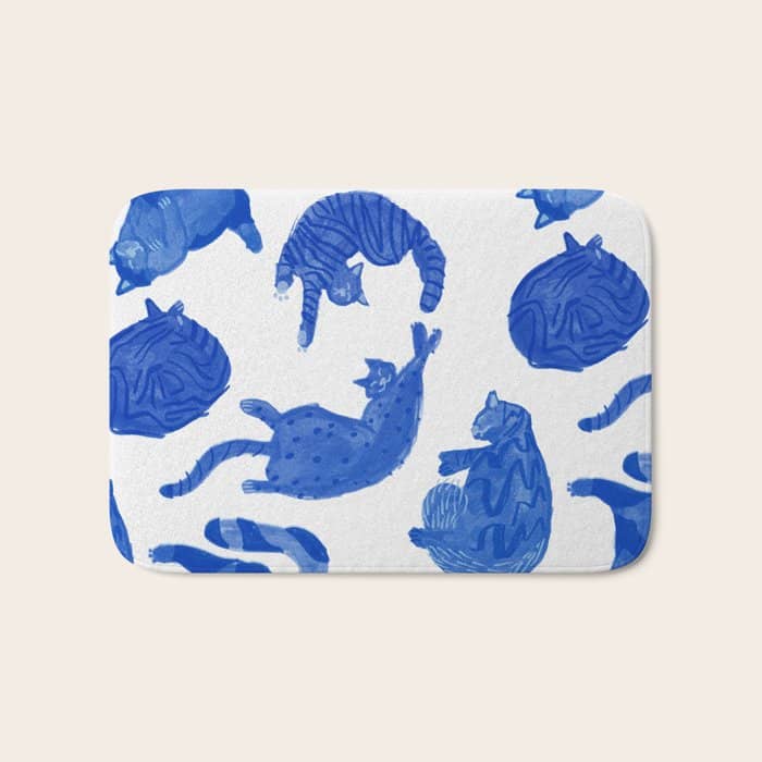 Sleepy Cozy Kitty Cats In Royal Blue & White Bath Mat