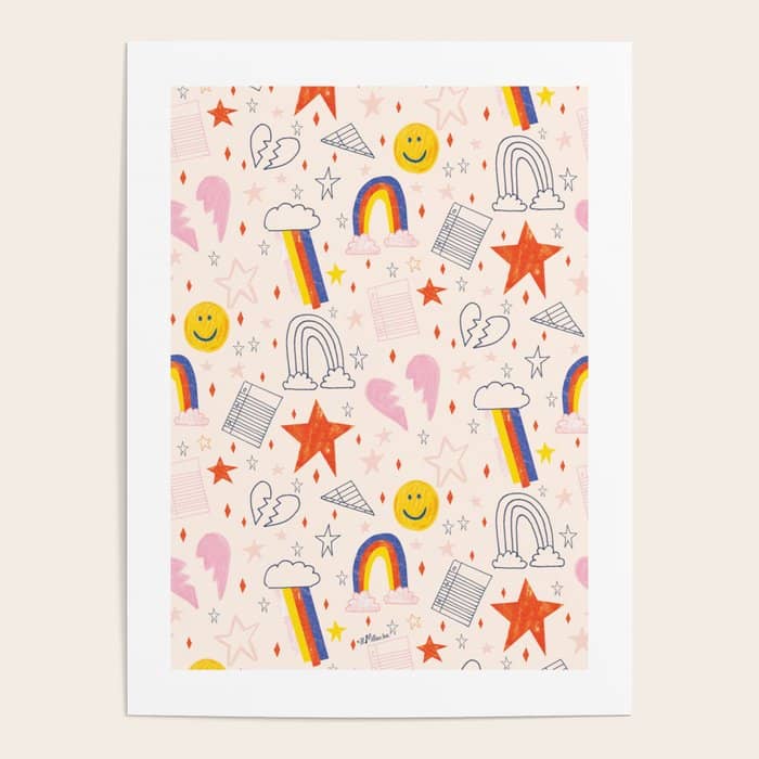Happy Smiley Face & Retro Rainbows In Dusty Pink Poster