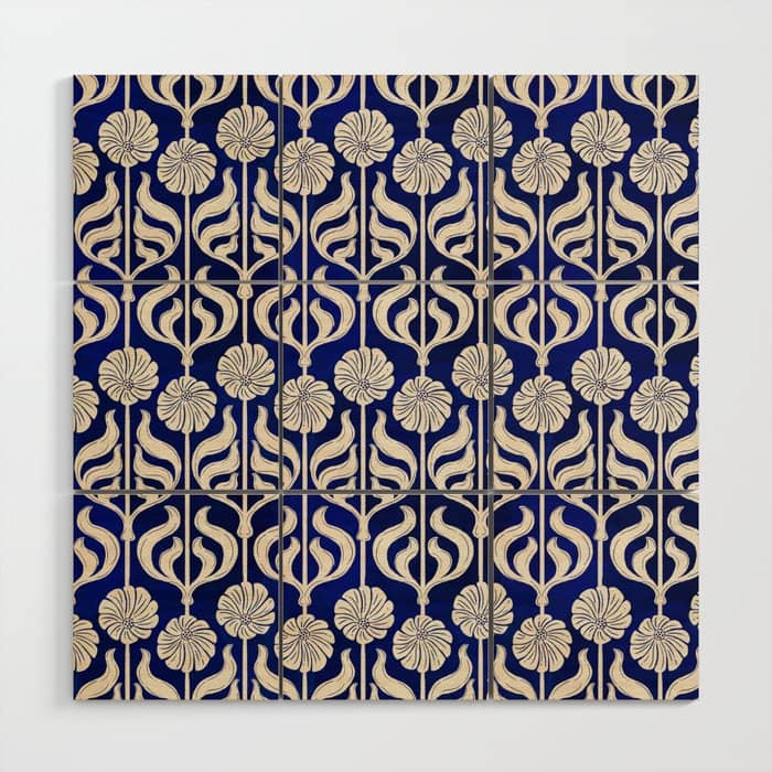 Art Deco Florals On Dark Blue Wood Wall Art