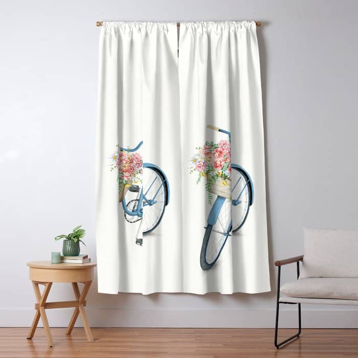 Blue Bicycle With Flowers In Basket Window Curtain