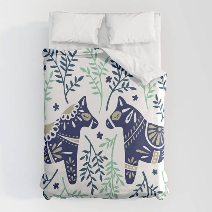 Swedish Dala Horse - Navy & Mint Palette Duvet Cover