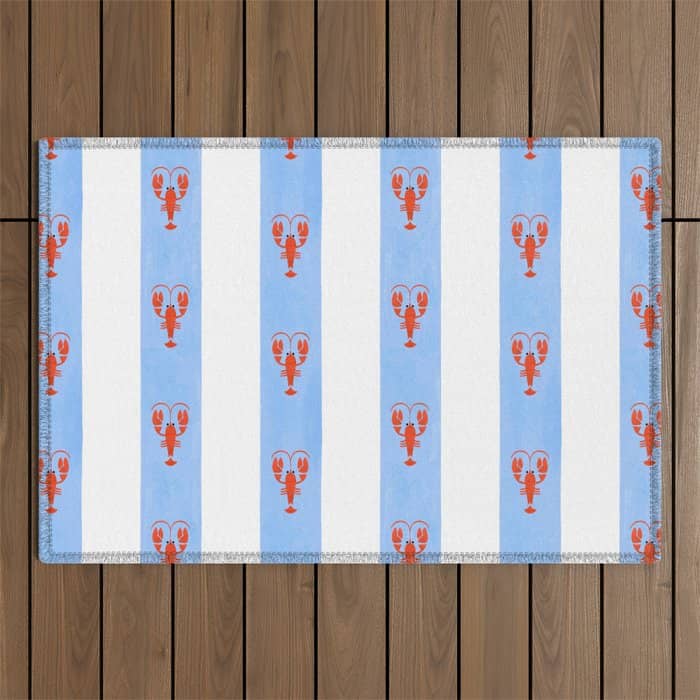 Red Lobsters On Hand-Painted Bright Blue Stripes Outdoor Rug