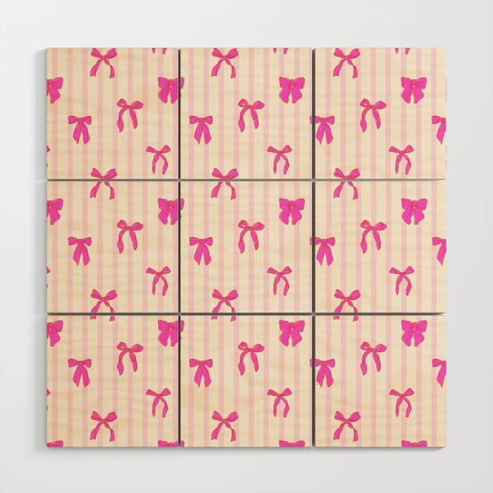 Classic Hot Pink Bows And Stripes Wood Wall Art
