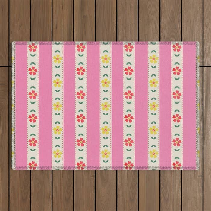 Granny Style Vintage Florals On Pink Stripes Outdoor Rug