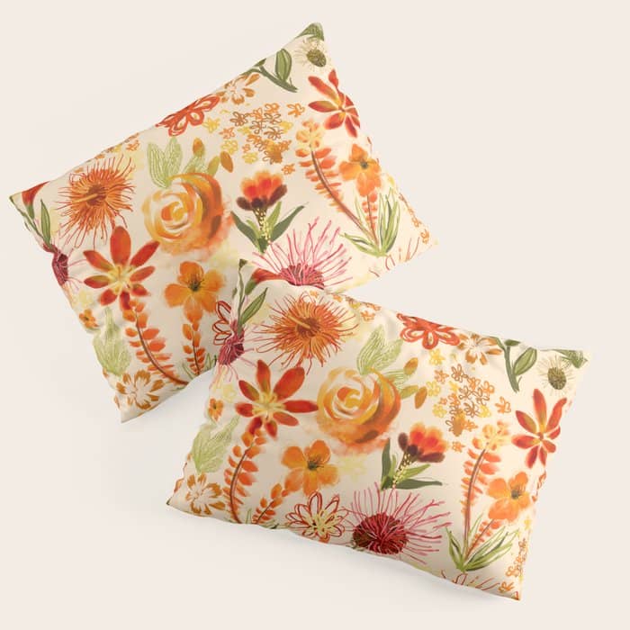 Watercolor Flowers, Orange, Red, Boho, Pretty, Bright Colours Pillow Sham