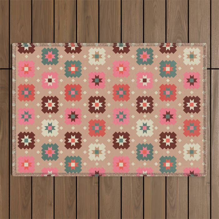 Festive Winter Quilt Tiles With Stars Outdoor Rug