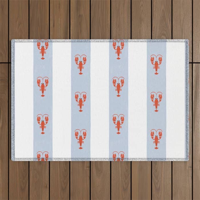Red Lobsters On Hand-Painted Blue Stripes Outdoor Rug