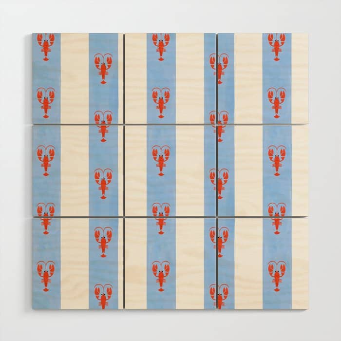 Red Lobsters On Hand-Painted Bright Blue Stripes Wood Wall Art