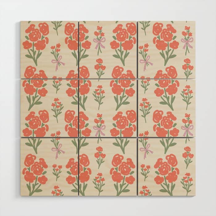 Preppy Grandmillennial Cute Red Flowers Wood Wall Art
