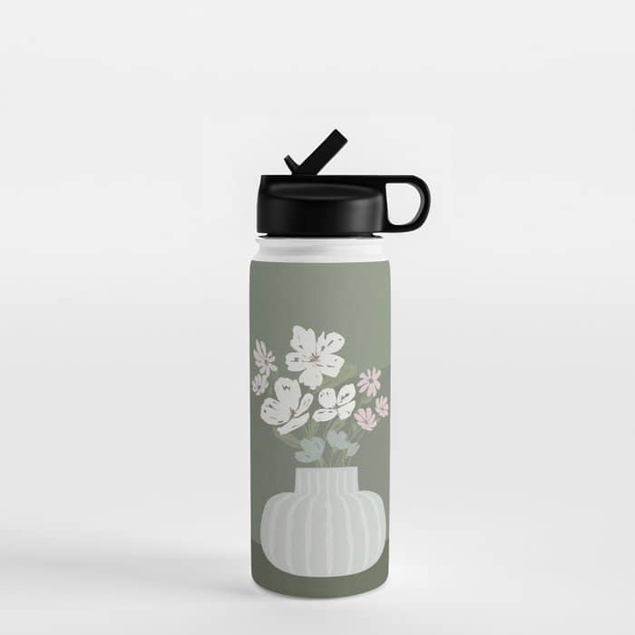 Wildflower Bouquet In Vase Illustration - Muted Pink, Beige And Sage Green Flowers  Water Bottle