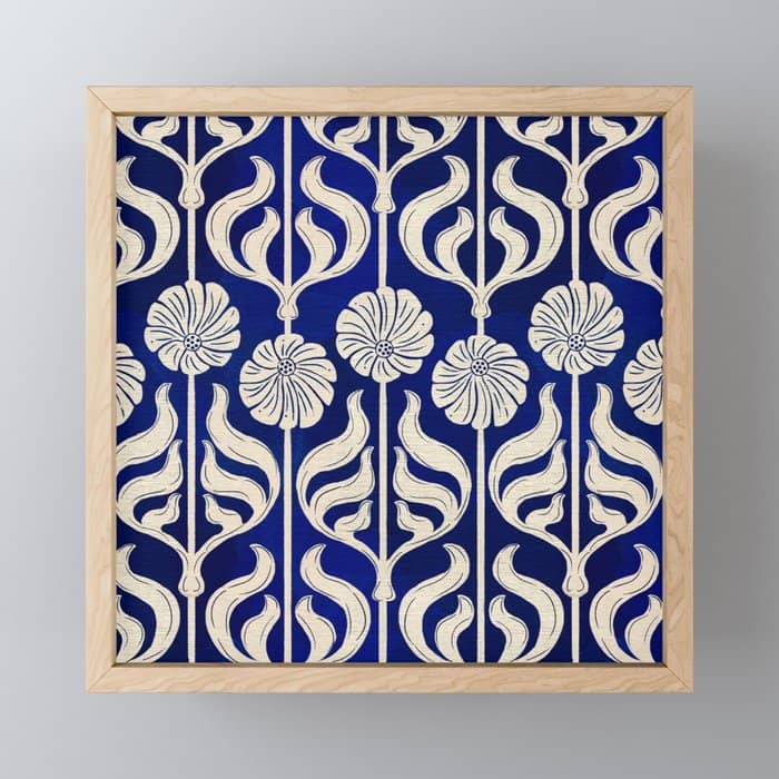 Art Deco Florals On Dark Blue Mini Art Print