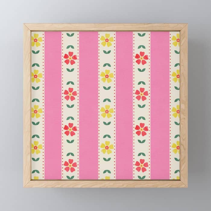 Granny Style Vintage Florals On Pink Stripes Mini Art Print