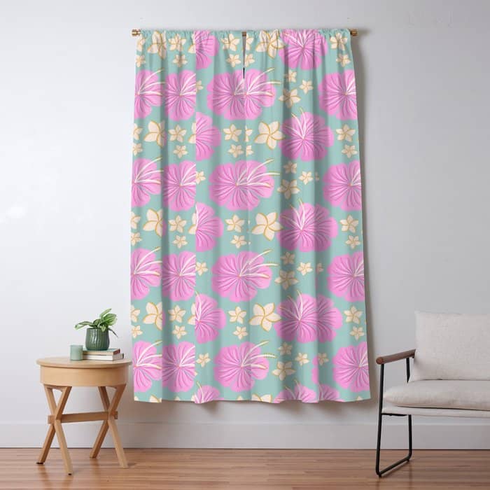 Pink And Turquoise Hibiscus Flowers Pattern Window Curtain