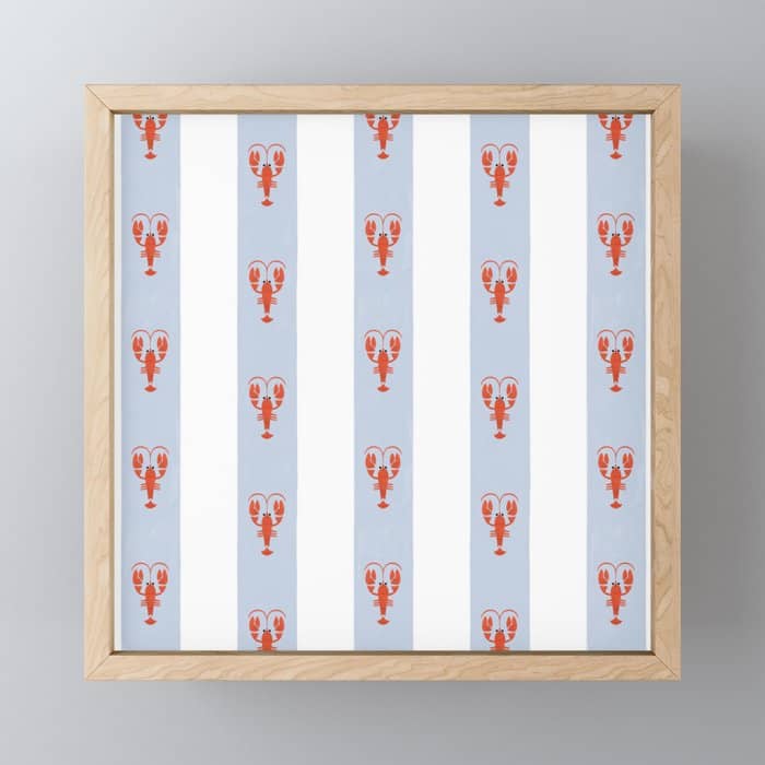 Red Lobsters On Hand-Painted Blue Stripes Mini Art Print