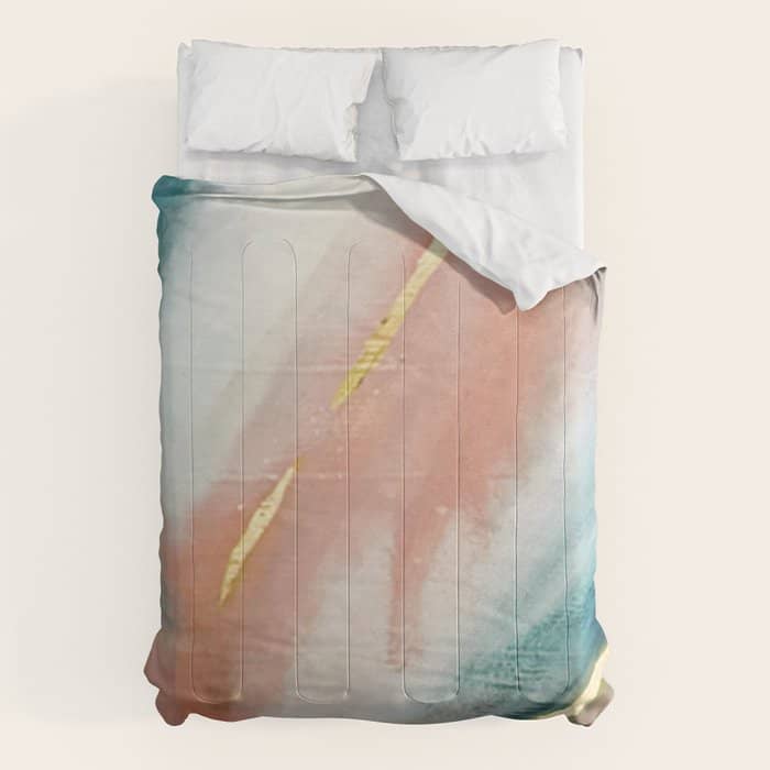 Celestial [3]: A Minimal Abstract Mixed-Media Piece In Pink, Blue, And Gold By Alyssa Hamilton Art Comforter