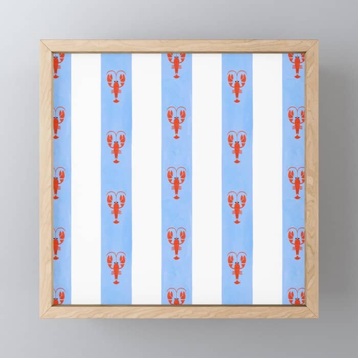 Red Lobsters On Hand-Painted Bright Blue Stripes Mini Art Print