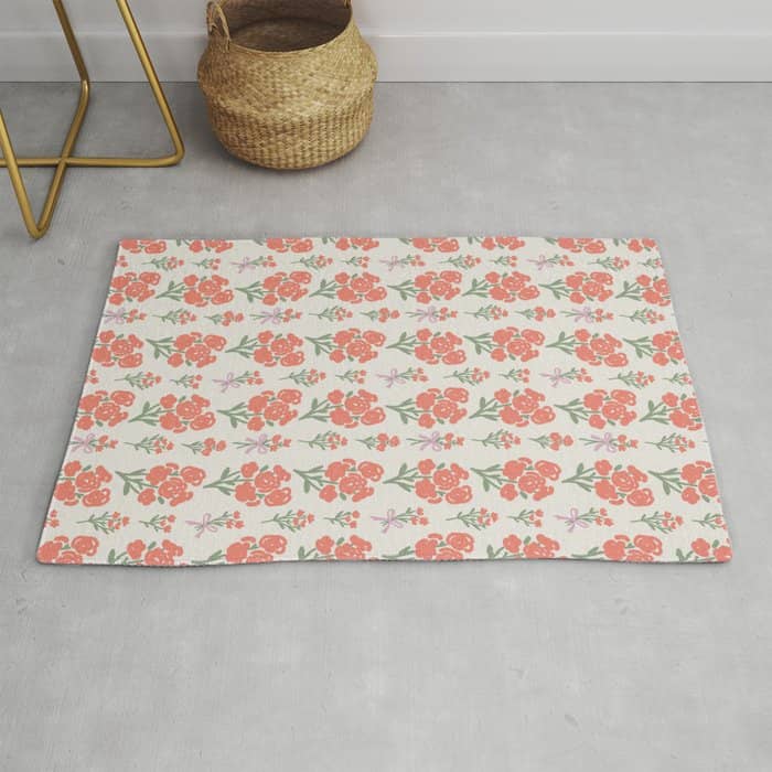 Preppy Grandmillennial Cute Red Flowers Rug