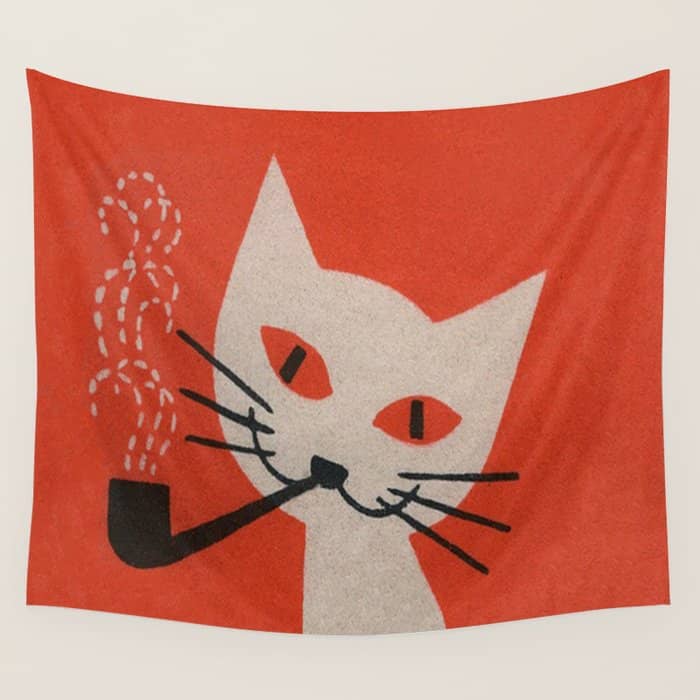 Retro White Cat Smoking A Pipe Wall Tapestry