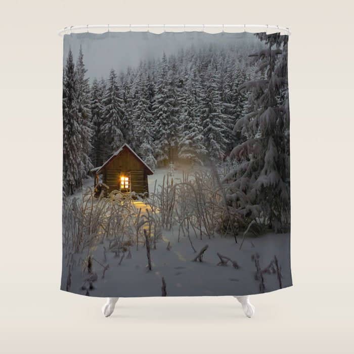 Tiny Cabin In The Winter Forest Snow Covered Pine Trees Shower Curtain