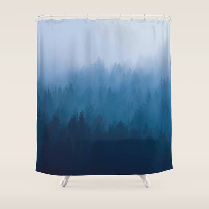 Watercolor Effect Colorful Blue Ombre Misty Pine Forest Shower Curtain