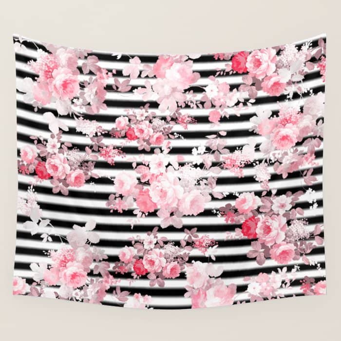 Vintage Blush Pink Floral Black White Stripes Wall Tapestry