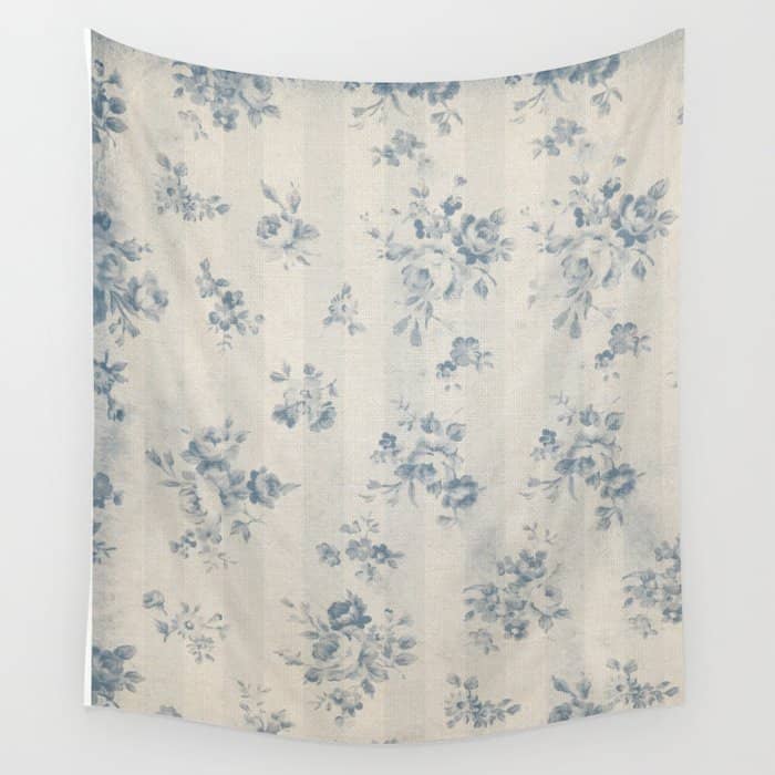 Rustic Vintage Bohemian Blue White Stripes Elegant Floral Wall Tapestry