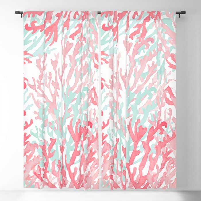 Modern Hand Painted Coral Pink Teal Reef Coral Floral Window Curtain