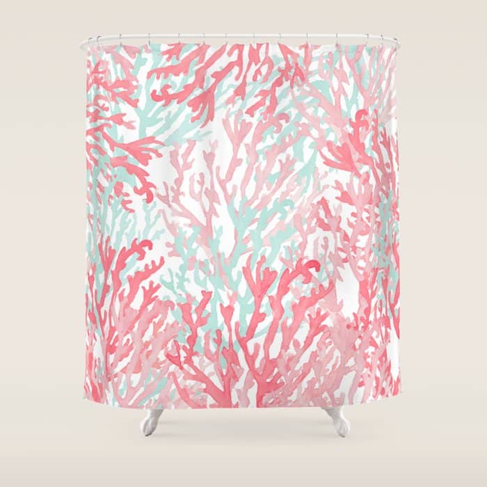 Modern Hand Painted Coral Pink Teal Reef Coral Floral Shower Curtain