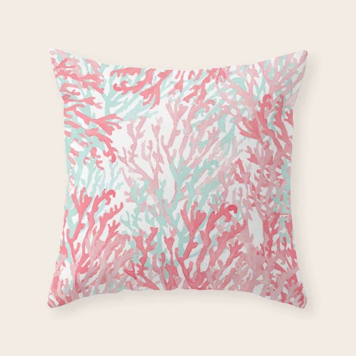Modern Hand Painted Coral Pink Teal Reef Coral Floral Throw Pillow