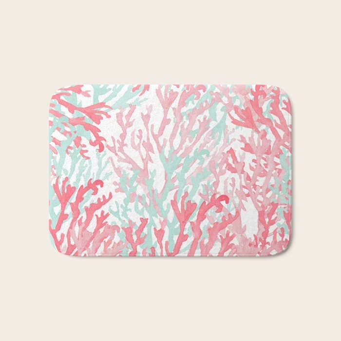 Modern Hand Painted Coral Pink Teal Reef Coral Floral Bath Mat