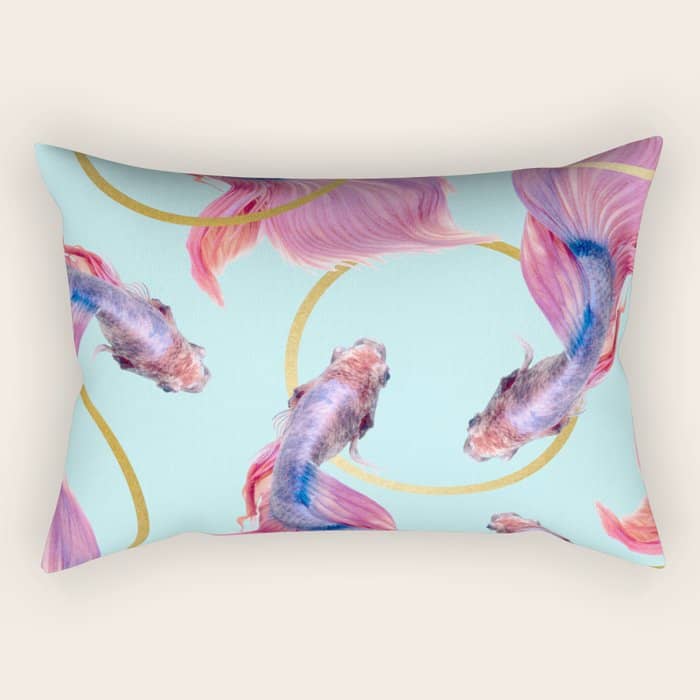 Hullahoops, Eclectic Colorful Fish Graphic Design, Animals Gold Rings Surrealism Quirky Rectangular Pillow