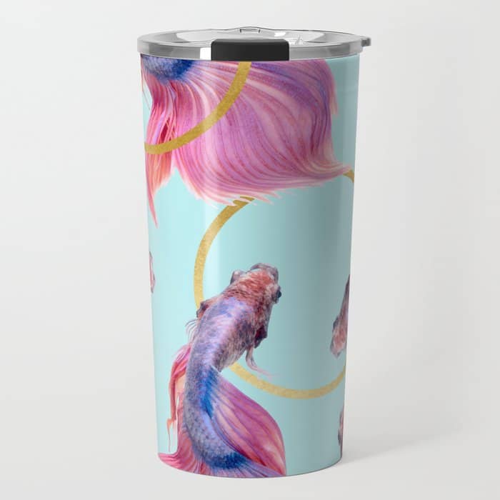 Hullahoops, Eclectic Colorful Fish Graphic Design, Animals Gold Rings Surrealism Quirky Travel Mug