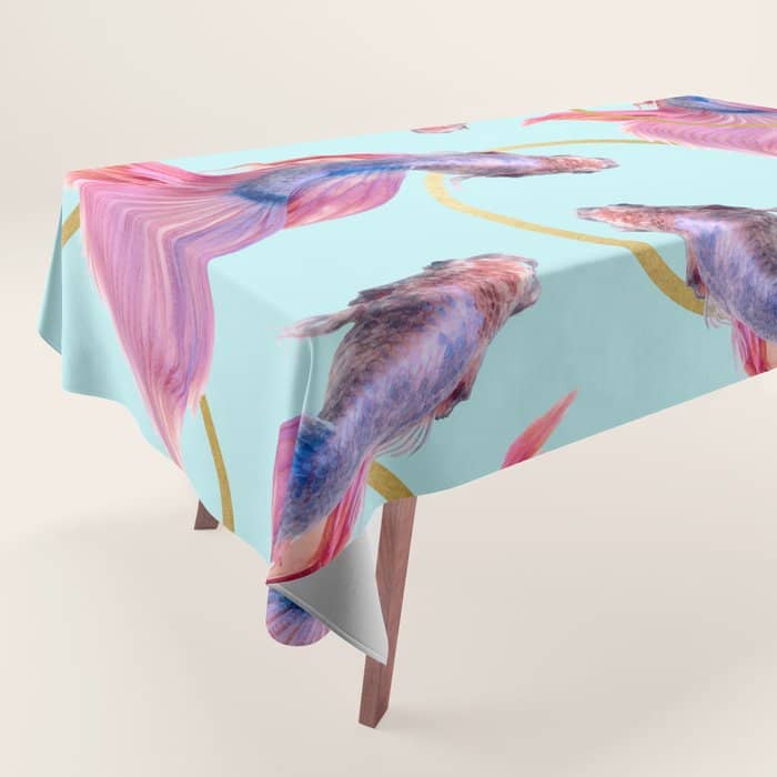 Hullahoops, Eclectic Colorful Fish Graphic Design, Animals Gold Rings Surrealism Quirky Tablecloth