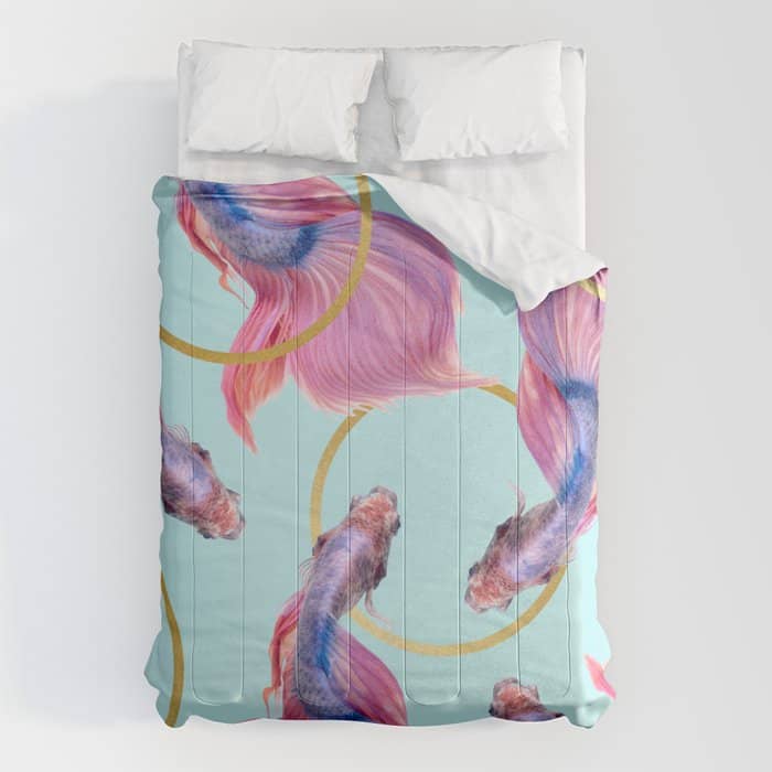 Hullahoops, Eclectic Colorful Fish Graphic Design, Animals Gold Rings Surrealism Quirky Comforter