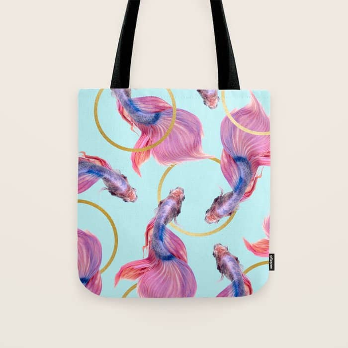 Hullahoops, Eclectic Colorful Fish Graphic Design, Animals Gold Rings Surrealism Quirky Tote Bag